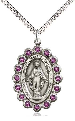 Pewter Miraculous Medal with Amethyst Swarovski stones Catholic Jewelry