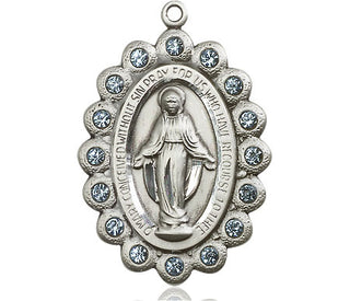 Pewter Miraculous Medal with Aqua Swarovski stones