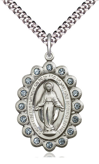 Pewter Miraculous Medal with Aqua Swarovski stones Catholic Jewelry