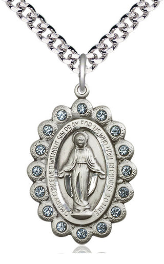 Pewter Miraculous Medal with Aqua Swarovski stones Catholic Jewelry