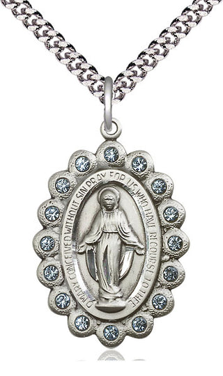 Pewter Miraculous Medal with Aqua Swarovski stones Catholic Jewelry