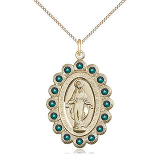 14kt Gold Miraculous Medal with Emerald Swarovski stones