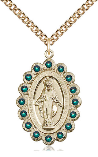 14kt Gold Miraculous Medal with Emerald Swarovski stones