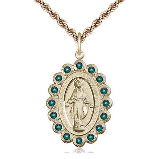 14kt Gold Miraculous Medal with Emerald Swarovski stones