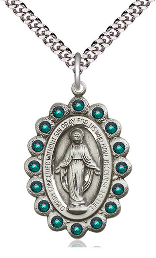 Pewter Miraculous Medal with Emerald Swarovski stones Catholic Jewelry