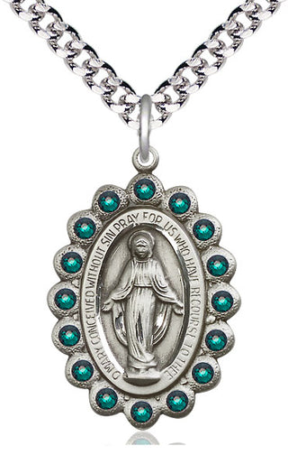 Pewter Miraculous Medal with Emerald Swarovski stones Catholic Jewelry