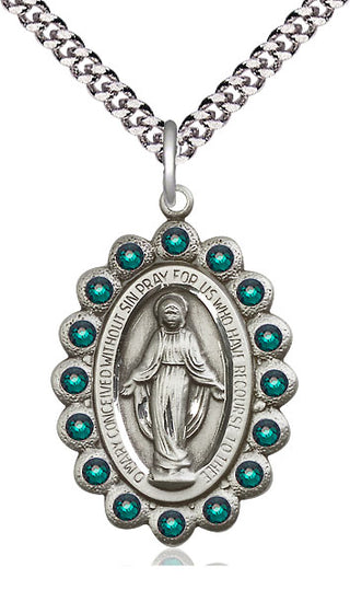 Pewter Miraculous Medal with Emerald Swarovski stones Catholic Jewelry