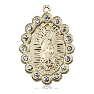 14kt Gold Our Lady of Guadalupe Medal with Aqua Swarovski stones