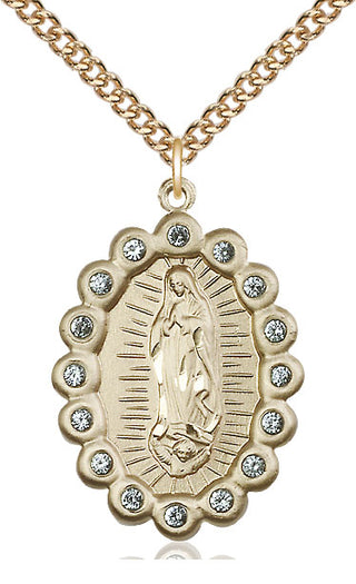 14kt Gold Our Lady of Guadalupe Medal with Aqua Swarovski stones