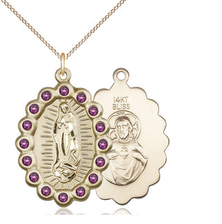14kt Gold Our Lady of Guadalupe Medal with Amethyst Swarovski stones