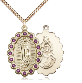 14kt Gold Our Lady of Guadalupe Medal with Amethyst Swarovski stones