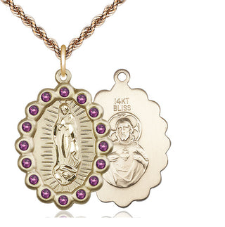 14kt Gold Our Lady of Guadalupe Medal with Amethyst Swarovski stones