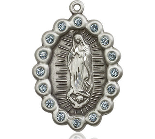 Pewter Our Lady of Guadalupe Medal with Aqua Swarovski stones