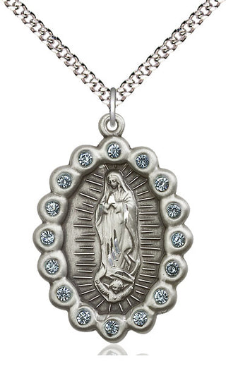 Pewter Our Lady of Guadalupe Medal with Aqua Swarovski stones Catholic Jewelry