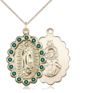 14kt Gold Our Lady of Guadalupe Medal with Emerald Swarovski stones