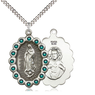 Pewter Our Lady of Guadalupe Medal with Emerald Swarovski stones Catholic Jewelry