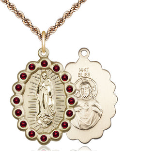 14kt Gold Our Lady of Guadalupe Medal with Garnet Swarovski stones