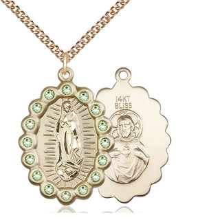 14kt Gold Our Lady of Guadalupe Medal with Peridot Swarovski stones