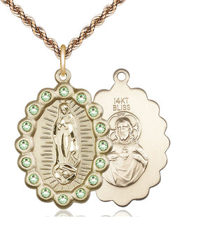 14kt Gold Our Lady of Guadalupe Medal with Peridot Swarovski stones