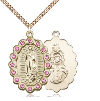 14kt Gold Our Lady of Guadalupe Medal with Rose Swarovski stones