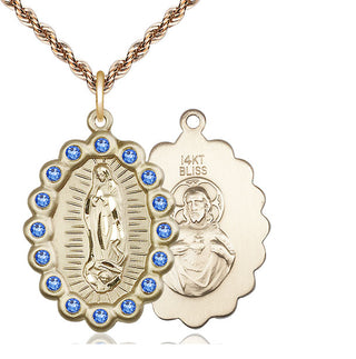 14kt Gold Our Lady of Guadalupe Medal with Sapphire Swarovski stones
