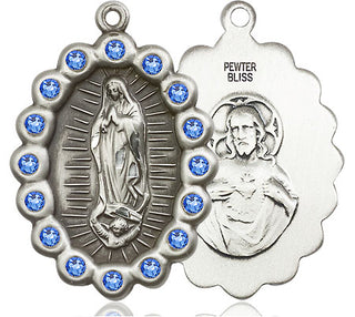 Pewter Our Lady of Guadalupe Medal with Sapphire Swarovski stones