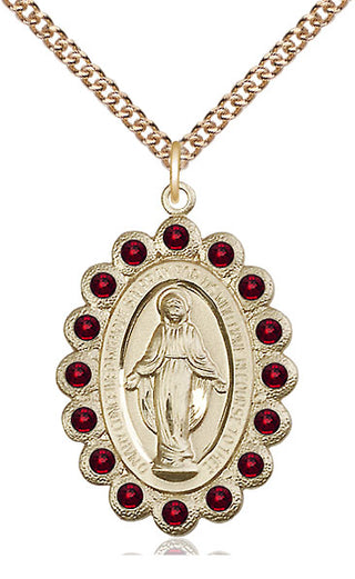 14kt Gold Miraculous Medal with Garnet Swarovski stones
