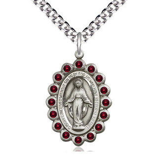 Pewter Miraculous Medal with Garnet Swarovski stones Catholic Jewelry
