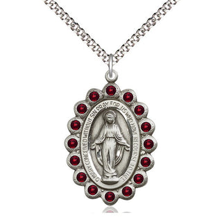 Pewter Miraculous Medal with Garnet Swarovski stones Catholic Jewelry