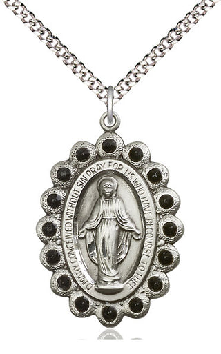 Pewter Miraculous Medal with Jet Swarovski stones Catholic Jewelry