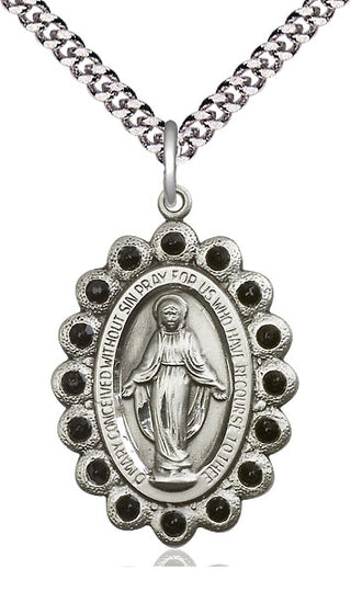 Pewter Miraculous Medal with Jet Swarovski stones Catholic Jewelry