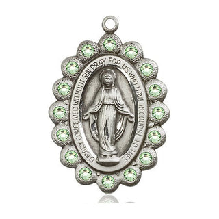 Pewter Miraculous Medal with Peridot Swarovski stones