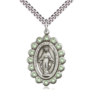 Pewter Miraculous Medal with Peridot Swarovski stones Catholic Jewelry
