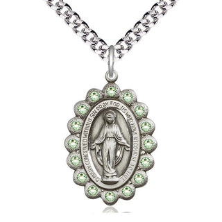 Pewter Miraculous Medal with Peridot Swarovski stones Catholic Jewelry