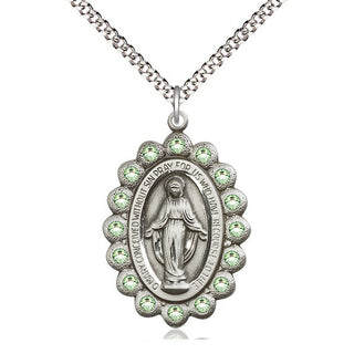 Pewter Miraculous Medal with Peridot Swarovski stones Catholic Jewelry