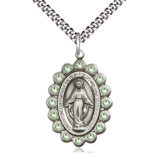 Pewter Miraculous Medal with Peridot Swarovski stones Catholic Jewelry