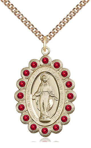 14kt Gold Miraculous Medal with Ruby Swarovski stones