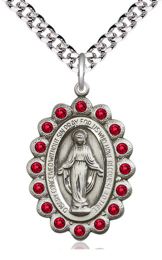 Pewter Miraculous Medal with Ruby Swarovski stones Catholic Jewelry