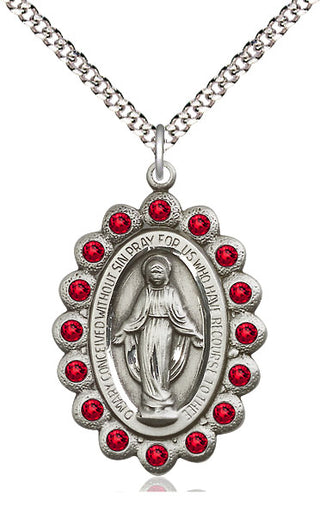 Pewter Miraculous Medal with Ruby Swarovski stones Catholic Jewelry