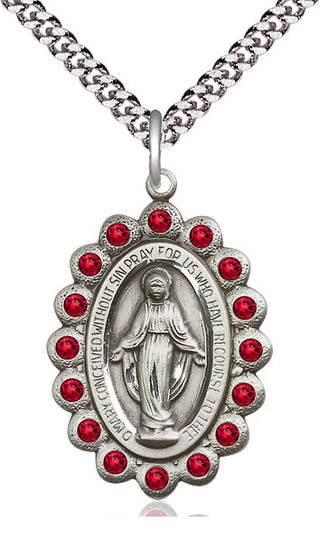 Pewter Miraculous Medal with Ruby Swarovski stones Catholic Jewelry