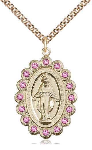 14kt Gold Miraculous Medal with Rose Swarovski stones