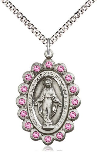 Pewter Miraculous Medal with Rose Swarovski stones Catholic Jewelry