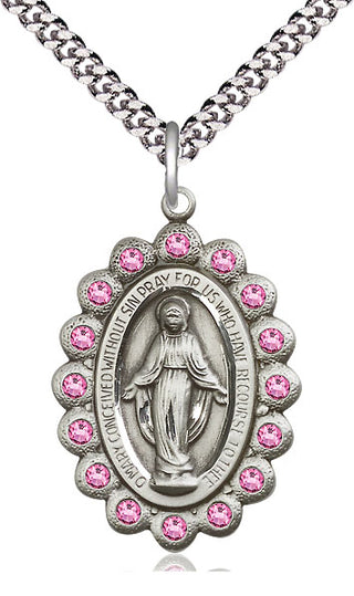 Pewter Miraculous Medal with Rose Swarovski stones Catholic Jewelry