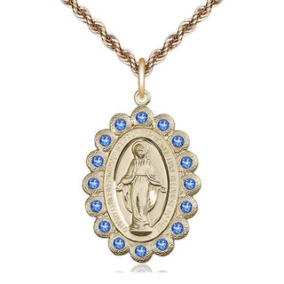 14kt Gold Miraculous Medal with Sapphire Swarovski stones