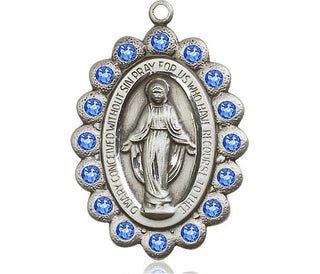 Pewter Miraculous Medal with Sapphire Swarovski stones