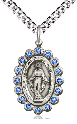 Pewter Miraculous Medal with Sapphire Swarovski stones Catholic Jewelry