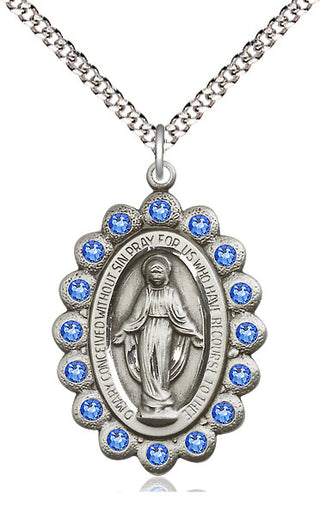 Pewter Miraculous Medal with Sapphire Swarovski stones Catholic Jewelry