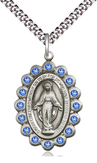 Pewter Miraculous Medal with Sapphire Swarovski stones Catholic Jewelry