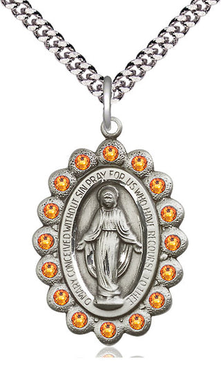 Pewter Miraculous Medal with Topaz Swarovski stones Catholic Jewelry