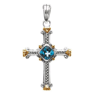 Sterling Silver & 14K Yellow Natural Swiss Blue Topaz Cross Pendant